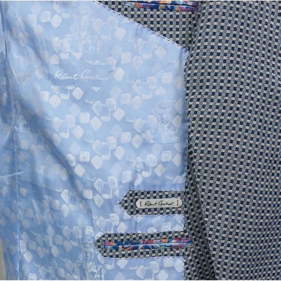 Robert Graham 52R Wool / Linen 50/50 Blend Blue Gray Mini Check Blazer Men's